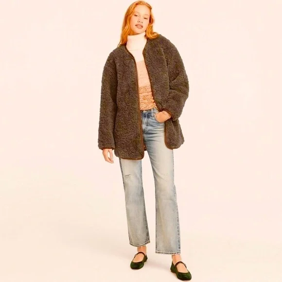 NWOT J. Crew Collarless jacket recycled sherpa brown teddy bear plush coat fuzzy - Picture 6 of 16